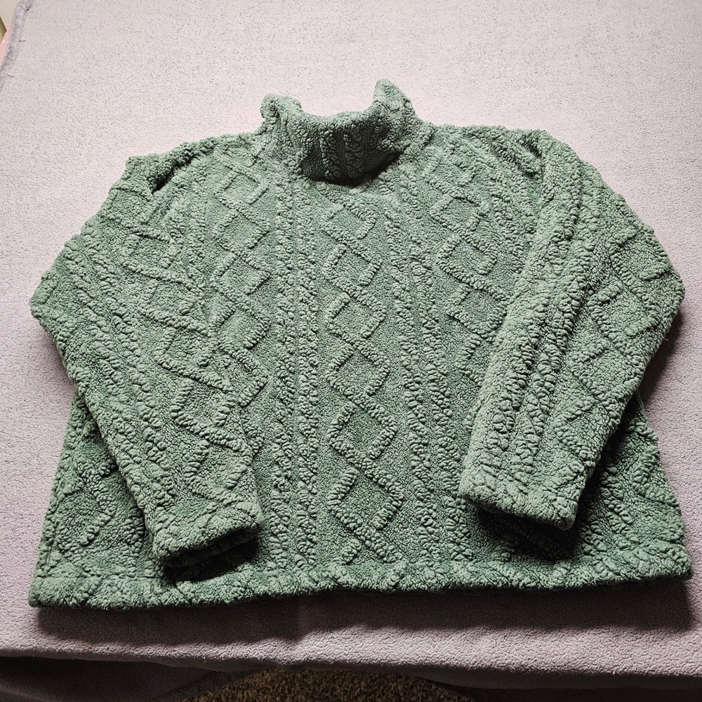 Eddie Bauer Cable Fleece Pullover Womens XL Green C3597380 Mock Neck Sherpa Top - Picture 2 of 11